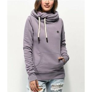 KAZANE Britta Mock Cowl Neck Pullover Hooded Hoodie Sweatshirt Purple Gray NEW S